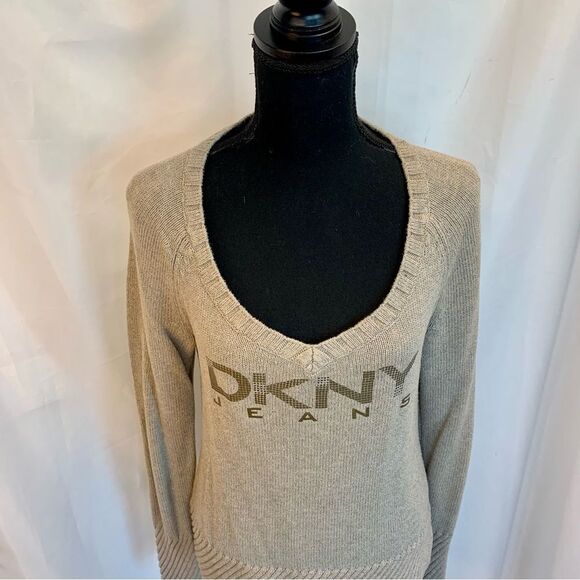 Dkny beige brown long sleeve V-neck metallic logo knit sweater Sz L - Picture 3 of 10